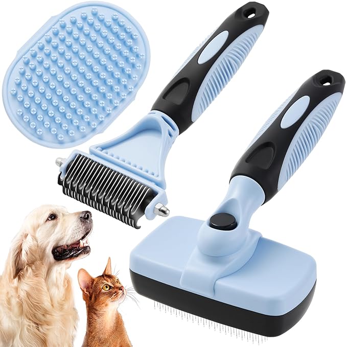 3PCS Cat & Dog Brush Set: Slicker & Deshedding Brush, Dematting Comb, and Bath Brush – Premium Grooming Tools for Shedding & Tangle-Free Fur (blue)-Mewly Pet
