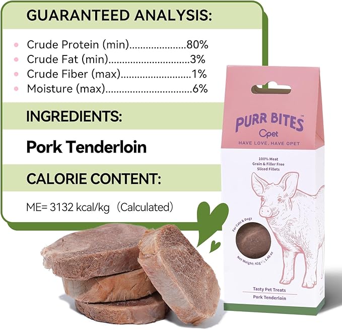 OPET Freeze Dried Cat Treats, Single Ingredient Grain Free High Protein Pet Food for Cats and Dogs, Healthy Training Snacks，Freeze Dried Pork Sliced Fillets (Pork, 1.48 Ounce)-Mewly Pet