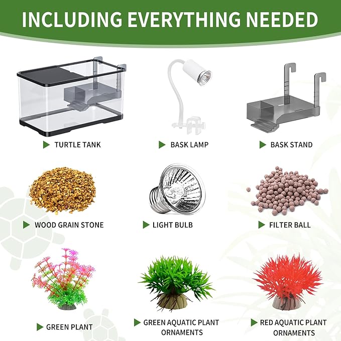 (Tank + Light + Filter Balls) Turtle Tank Kit, Turtle Tank Starter Kit,Bottom Drainage, Multi-Function Areas for Turtles, Crabs,Fishes, Amphibians,Reptiles. (11.81 × 7.88 × 7.88 Inch)-Mewly Pet