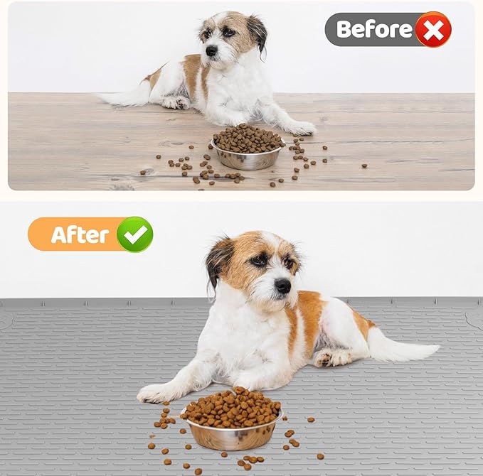Dog Food Mat, Extra Large 50" x 35" Silicone Pet Feeding Mat with Raised Edge Pet Placemat for Small, Medium, and Large Pets Non-Slip, Easy to Clean (Grey)-Mewly Pet