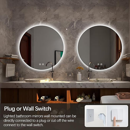 Niccy Round Led Mirror for Bathroom, 30" Circle Frameless Backlit Mirror wiht Light, Anti-Fog, 3 Colors, Waterproof, Memory Function