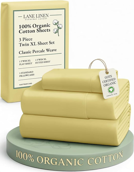 LANE LINEN Eco Friendly 100% Organic Cotton Fully Elasticized Twin XL Sheet Set, Low Pilling Fade Resistant Machine Washable Extra Long Twin Bedding Set, Soft & Comfy Cotton Sheets- Cocoon