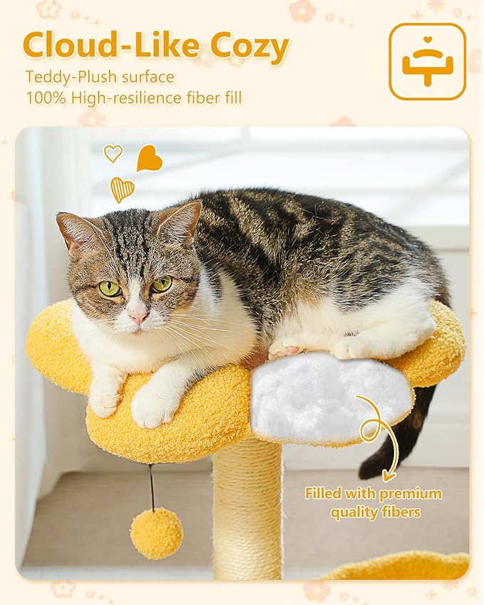 28" Flower Cat Tree Cute with Flower Top Perch, Large Hammock for Indoor Small Cats, Small Cat Tower with Cute Scratching Post and Fur Toy Ball for Kittens, Yellow-Mewly Pet