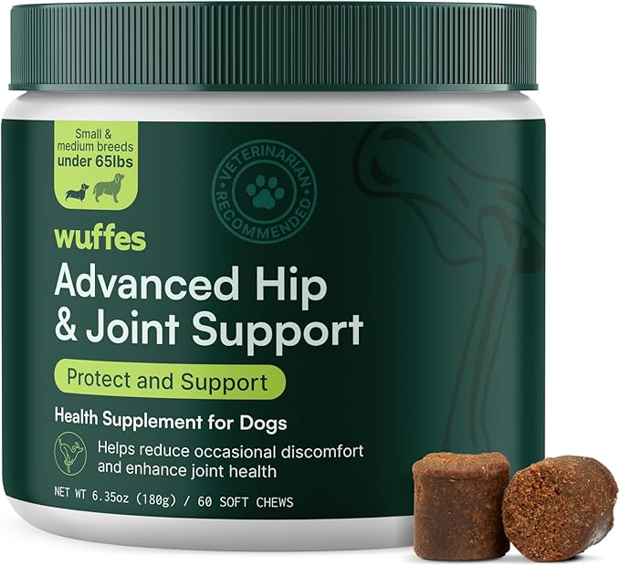 Wuffes Advanced Dog Hip and Joint Supplement with Glucosamine, Chondroitin, Omega 3, MSM, and Green Lipped Mussel, 60 Pork Flavored Chews for Small and Medium Dog Breeds-Mewly Pet