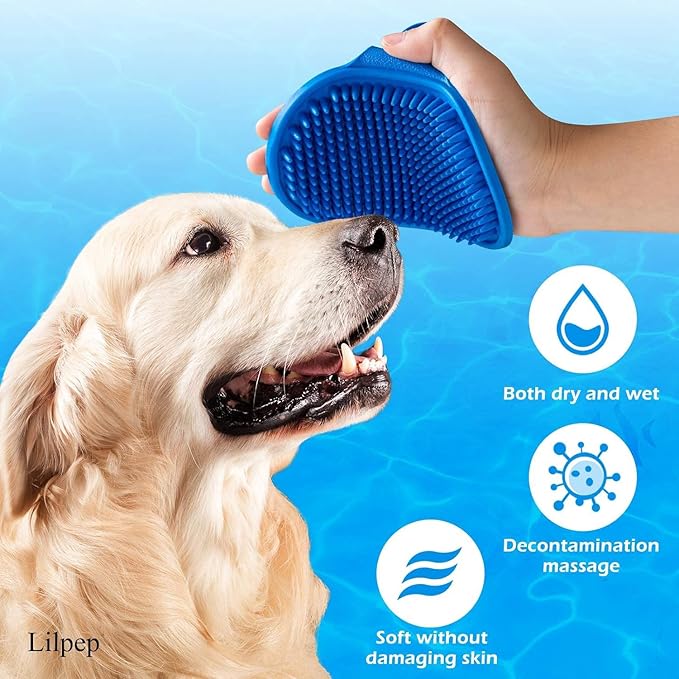 Dog Grooming Brush, Lilpep Pet Shampoo Bath Brush Soothing Massage Rubber Comb with Adjustable Ring Handle for Long Short Haired Dogs and Cats (Blue, pack of 1)-Mewly Pet