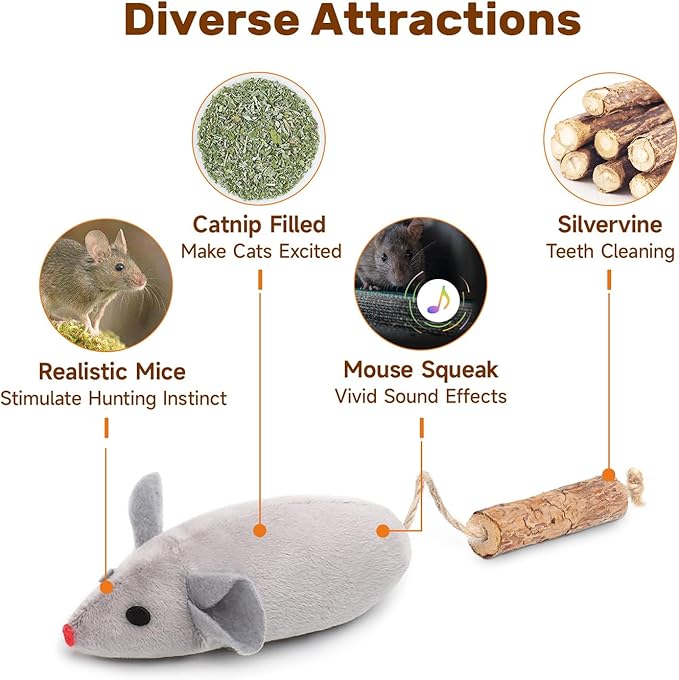 Potaroma Cat Toys: 3pcs Squeak Mice Interactive Catnip Silvervine Animals for Indoor Kittens - Dental Matatabi Cat Nip & Chew Exercise Toy for All Breeds & Species-Mewly Pet