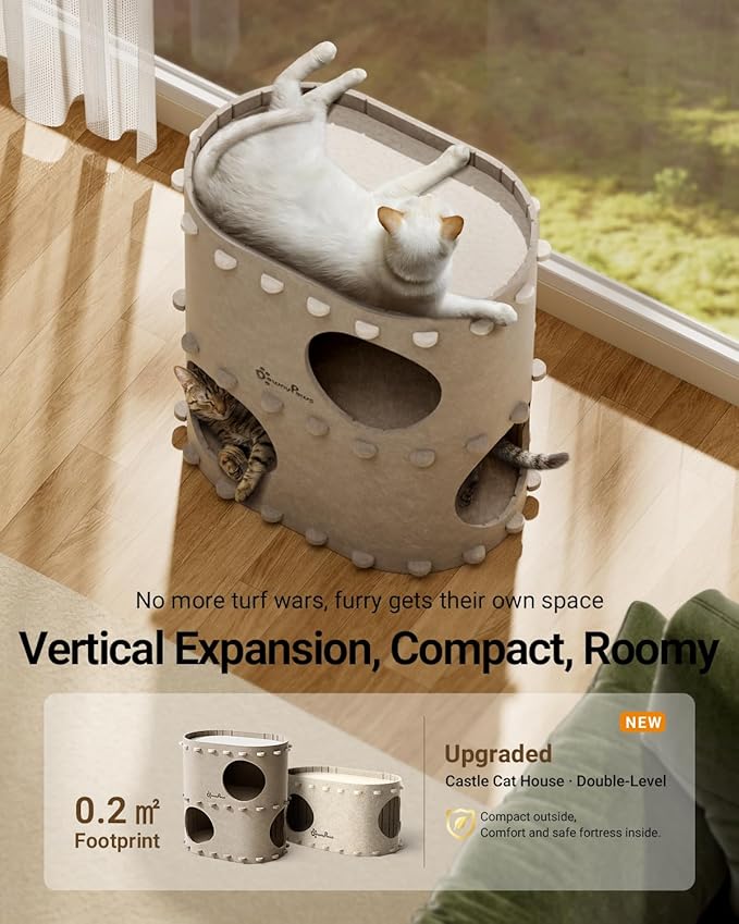 DownyPaws Cat House for Indoor Cats, 2-Storey Foldable Cat Bed Cave, Felt Cats Tunnel Bed Condo, Castle Kitten Cube Hideaway for Multicats, Scratch Resistant, Cream-Mewly Pet