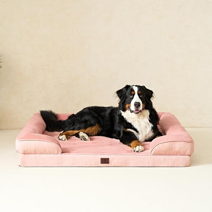 EHEYCIGA Orthopedic XL Dog Beds, Waterproof Memory Foam Dog Bed for Extra Large Dogs, Non-Slip Bottom and Egg-Crate Foam Big Pet Couch Bed with Washable Removable Cover, Dusty Pink-Mewly Pet