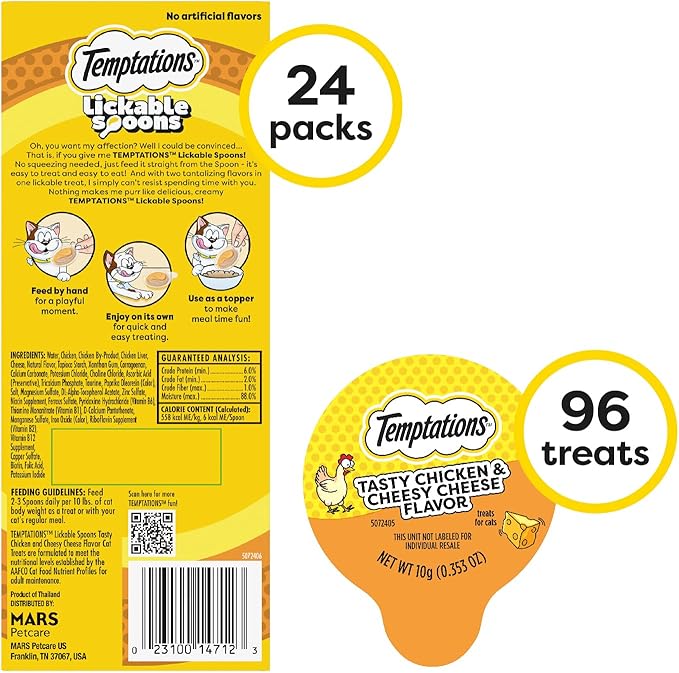 Temptations Lickable Spoons Adult Wet Cat Treat, Tasty Chicken and Cheesy Cheese Flavor, 4 Spoons, Pack of 24 (96 Total)-Mewly Pet