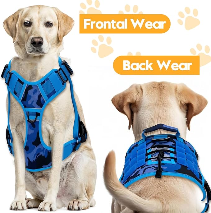 Heavy-Duty Tactical Dog Harness for Large Dogs, No Pull Adjustable Reflective Pet Vest with Molle System, K9 Military-Grade Control for Service Training, Outdoor & 10+ Breeds, Blue Camo, X-Large-Mewly Pet