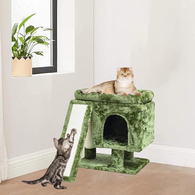 YANDLVY Small Cat Tower for Cats, Cute Cat Tree for Indoor Cats, Kittens Condo with Scratching Post and Board, Cat Cave, Modern Cat Activity House with Plush Perch (Green)-Mewly Pet