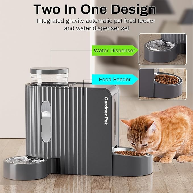 Gardner Pet Automatic Gravity Cat Food Feeder and Water Dispenser Stainless Steel Two-in-One Set Large Capacity Dispenser for Pets Dogs, Puppies, Kittens, Rabbits-Mewly Pet