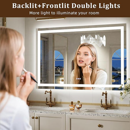 LED Bathroom Mirror with Lights, 55"x 30" Wall Mirrors with Anti-Fog, Dimmable, Backlit + Front Lit, 3 Color Modes, Memory Function Smart Mirror