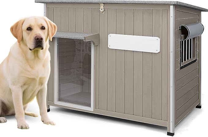 Large Dog House Outdoor XL Wooden Dog House with Weatherproof Asphalt Roof, Chew-Resistant Frame, Removable Floor, for Medium to Large Dogs Indoor Outdoor Use (Grey, 43.3"L x 29.5"W x 33.5"H)-Mewly Pet