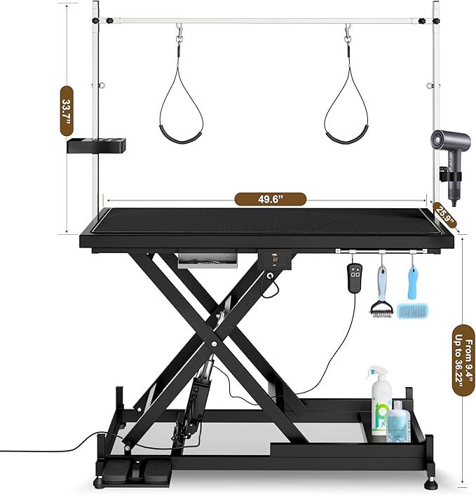Electric Pet Grooming Table for Large Dogs - Professional Heavy Duty Height Adjustable Pet Grooming Station with Anti Slip Tabletop, Two Nooses & Tool Organizer, Maximum Capacity Up to 250 lbs Black-Mewly Pet