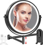 8" Wall Mounted Lighted Makeup Mirror, 3000mAh Rechargeable Double Sided 1X/10X Magnifying Mirror with Hook, 3 Color Lights Touch Dimmable 360° Rotation Vanity Mirror for Bathroom (Black)