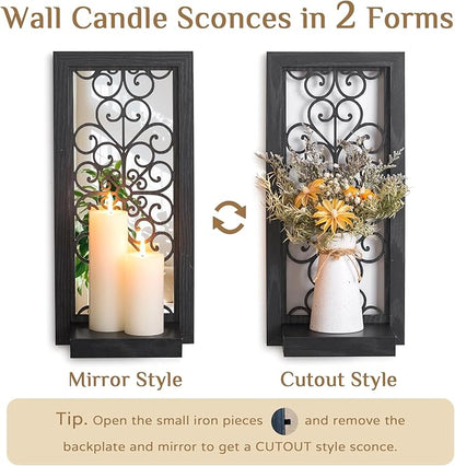 Gothic Candle Sconces Mirror Wall Decor - Black Halloween Art Mirrored Wall Candle Holder Decorative Set of Two Wood Vintage Small Hanging Shelves for Farmhouse Living Room Kitchen Bedroom
