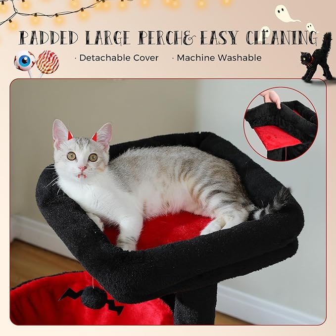 PAWZ Road Large Cat Tree, 41 Inches Gothic Cat Tower with 2 Spacious Condos for Indoor Cats, Large Black Cat House with Comfy Hammock, Padded Perch, Scratching Pad and Replaceable Balls-Black-Mewly Pet