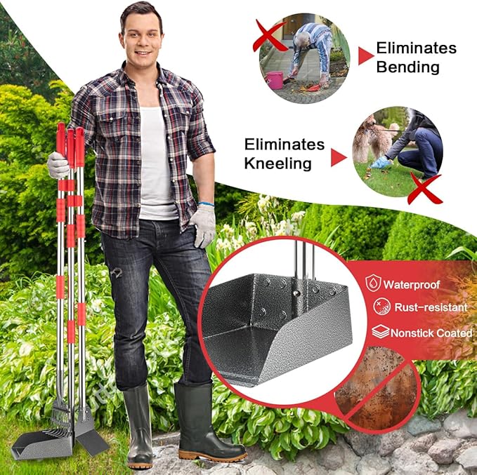 Pooper Scooper, Long Handle Dog Pooper Scooper, Heavy Duty Stainless Steel Rake with Tray & Spade Set for Pet Waste Removal, for Grass, Dirt or Gravel-Mewly Pet