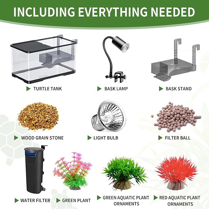 (Tank + Light + Filter + Filter Balls) Turtle Tank Kit, Turtle Tank Starter Kit,Bottom Drainage, Multi-Function Areas for Turtles, Crabs,Fishes, Amphibians,Reptiles. (21.65 × 12.28 × 12.28 Inch)-Mewly Pet