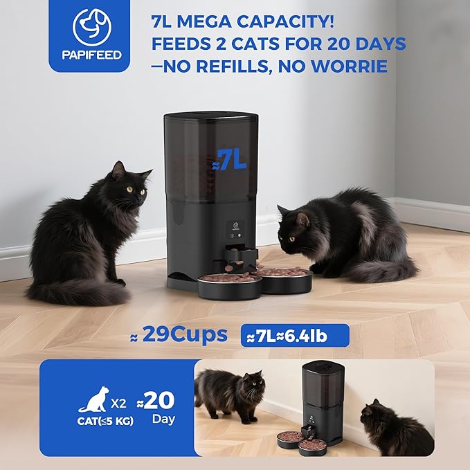 PAPIFEED 7L Automatic Cat Feeder for 2 Cats - 2.4G WiFi Timed Auto Feeder with APP Control, Cat Food Dispenser with Alexa for Multiple Cats, Detachable for Easy Clean, 1-10 Meals Per Day - Black-Mewly Pet