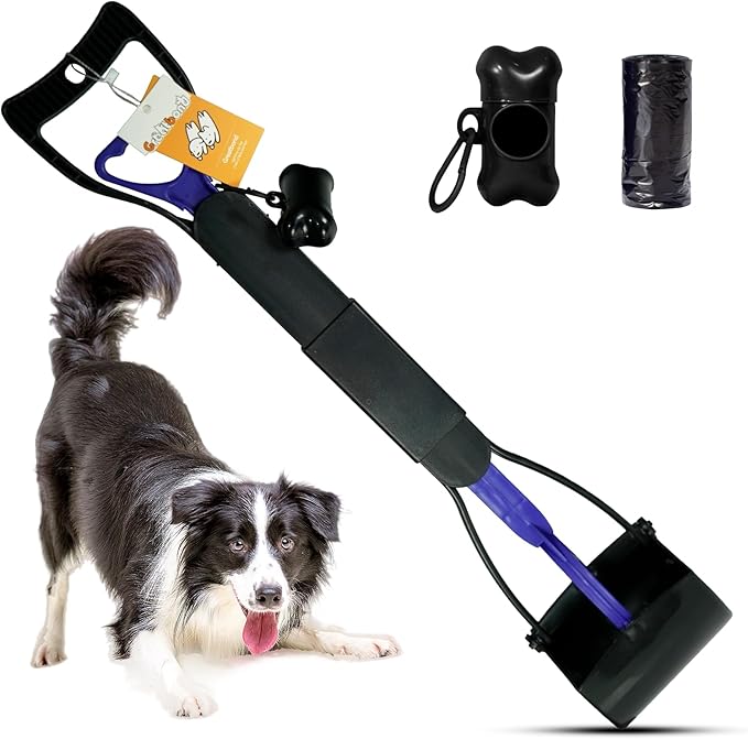 Pooper Scooper with Bags, 28" Long Handle Dog Poop Scooper for Large Medium Small Dogs, Durable Spring and High Strength Material Foldable Waste Pickup Tool for Easy Grass and Gravel Pick Up, Blue-Mewly Pet