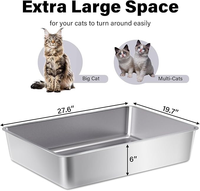 XXXL Stainless Steel Cat Litter Box -Extra Large 28"x20"x6" Metal Litter Box High Sides for Big Cats&Multiple Cats, Cat Litters Boxes Easy to Clean, No Odor, Anti-Urine Leakage-Mewly Pet