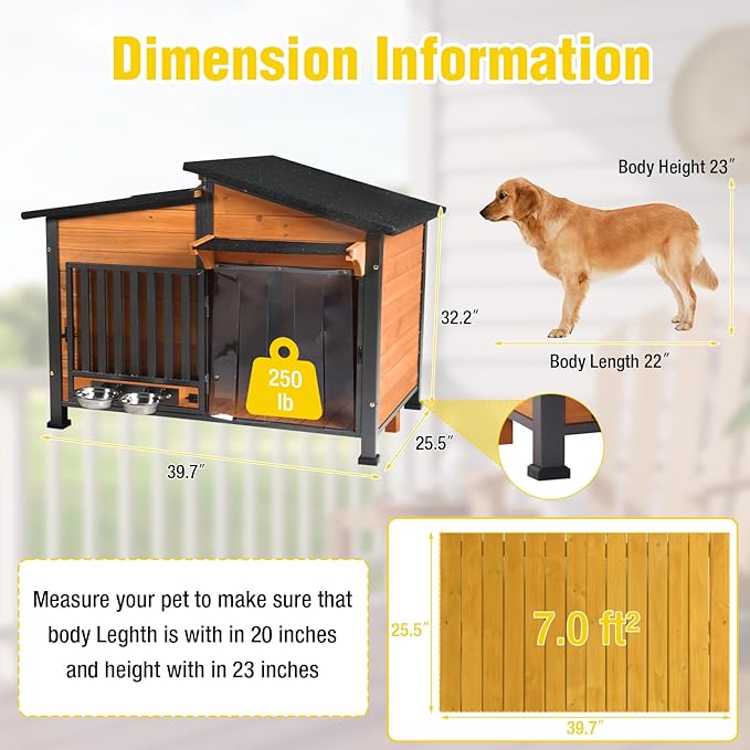 Chew-Resistant Dog House with Metal Frame, Wooden Kennel for Indoor & Outdoor Use, Waterproof Roof & Feeding Bowls Included (Wood, L)-Mewly Pet