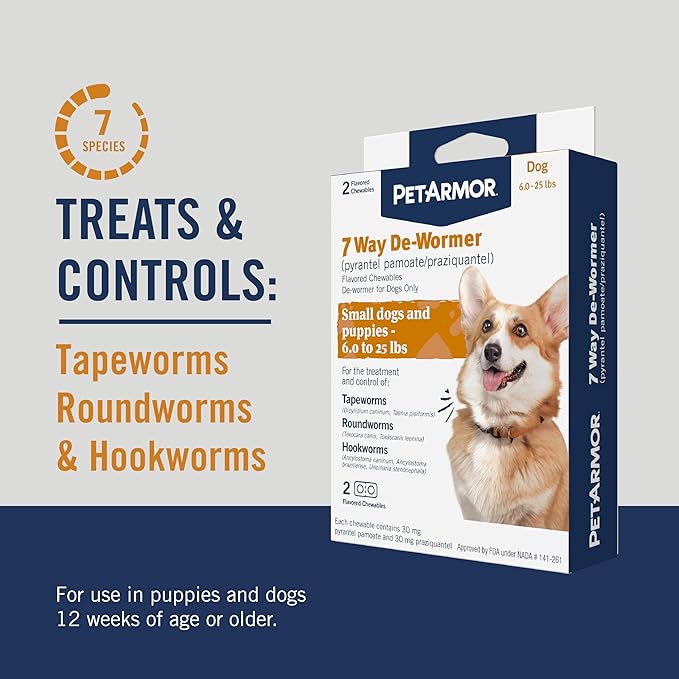 PetArmor 7 Way De-Wormer for Dogs, Oral Treatment for Tapeworm, Roundworm & Hookworm in Small Dogs & Puppies (6-25 lbs), Worm Remover (Praziquantel & Pyrantel Pamoate), 6 Flavored Chewables-Mewly Pet