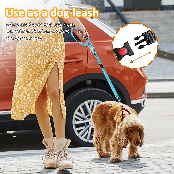 Removable Dog Seat Belt Harness for Car, 3 in 1 Pet Dog Car Seatbelt Leash, Retractable Restraint Secures to Vehicle Headrest & Adjustable Reflective Bungee Dog Seatbelt Tether, Blue and Black-Mewly Pet