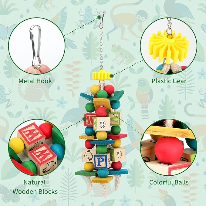 Rypet Wood Bird Chewing Toy for Cage, Wooden Birds Cage Toys for Helping Trim Beak, Parrot Toys for African Grey Parrots Cockatoos Amazon Parrot and Other Small to Medium Parrots-Mewly Pet