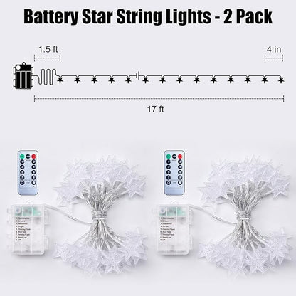 Brightown Star String Lights - 2 Pack Total 33ft 100 LED Star Fairy Lights Battery Operated with Remote for Indoor Outdoor, Twinkle Fairy Christmas Light for Bedroom Wedding Party Decor, Warm White