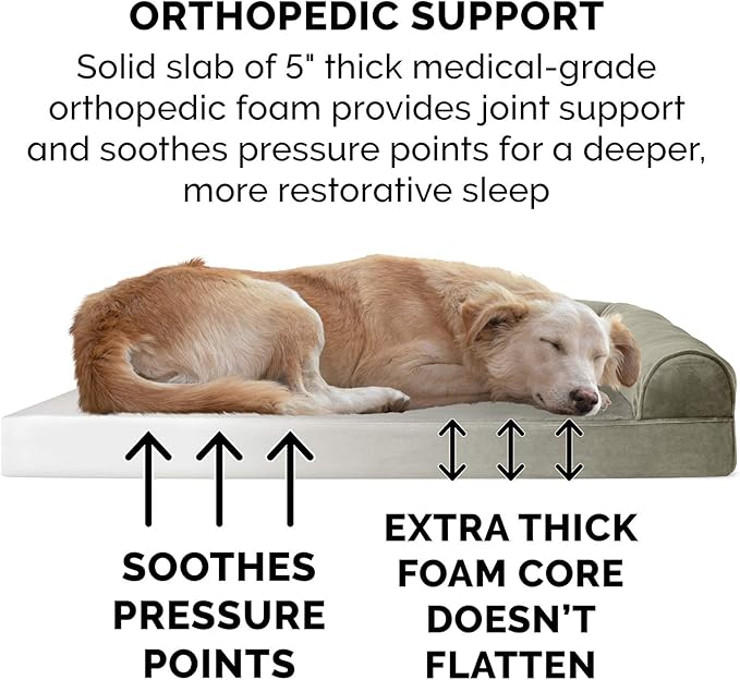 Furhaven Orthopedic Dog Bed for Large Dogs w/ Removable Bolsters & Washable Cover, For Dogs Up to 125 lbs - Faux Fur & Velvet Sofa - Dark Sage, Jumbo Plus/XXL-Mewly Pet