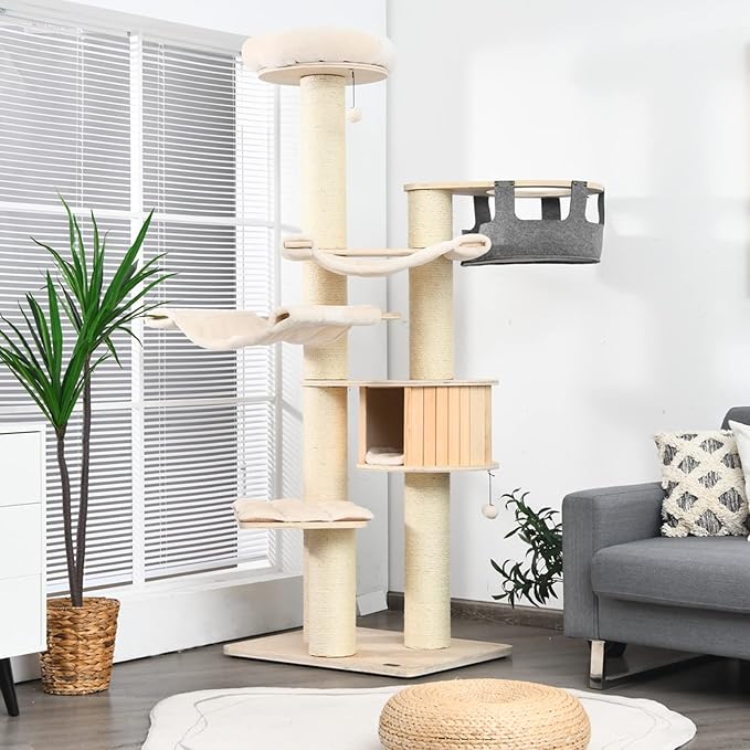 PETSITE 77.5" Tall Cat Tree, Multi-Level Modern Cat Tower with Sisal Scratching Posts, Top Perch, Cat Condo, Hammocks, Hanging Basket, and Jingling Balls, Cat Tree Tower for Indoor Cats Large Adult-Mewly Pet