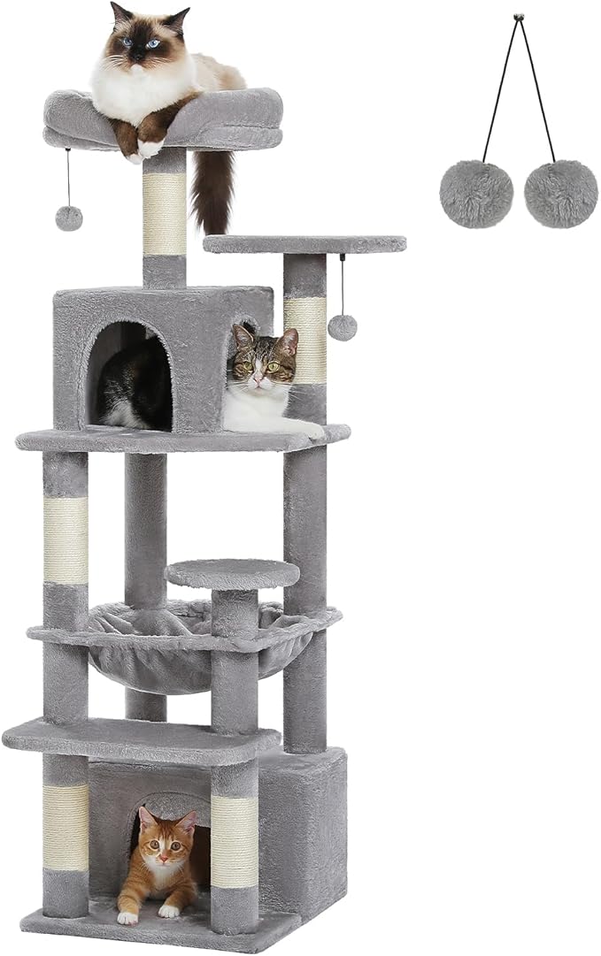 PAWZ Road Cat Tree, 53.5 Inches Tall Cat Tower with Spacious Hammocks, Condos and Scratching Posts, Cat House with Dual Padded Perches for Indoor Large Cats-Gray-Mewly Pet