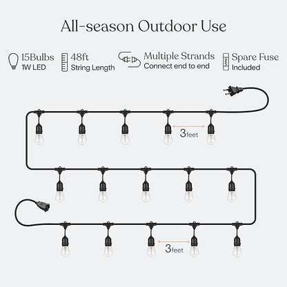 Brightech Ambience Pro LED String Lights - 48 Ft Commercial Grade Patio Lights Outdoor Waterproof - Heavy Duty Porch String Lights for Backyard, Christmas - Dimmable Vintage Edison 1W 15 Bulbs,