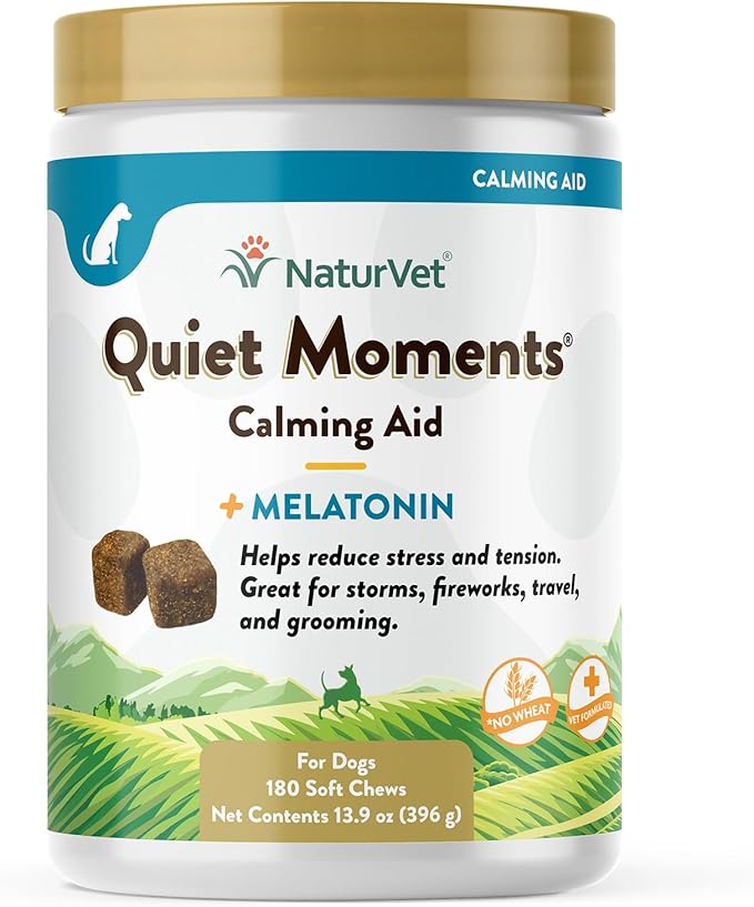 NaturVet Quiet Moments Calming Dog Supplement, Dog Soft Chews with Melatonin to Help Reduce Stress from Storms, the Vet, Fireworks, and Travel, Bacon and Chicken Flavored Pet Supplement, 180 Count Jar-Mewly Pet