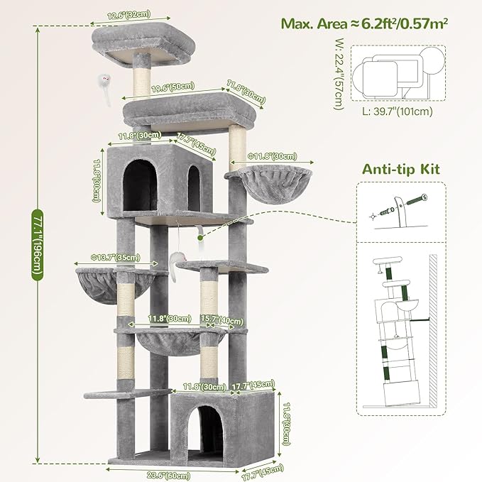 Globlazer Tall Cat Tower, 76 inch Multiple Level Cat Climbers for Indoor Cats, XL Cat Tree with 5 Scratching Posts, 2 Cat Condos, Hammock, 2 Hanging Baskets, F76B, Light Grey-Mewly Pet