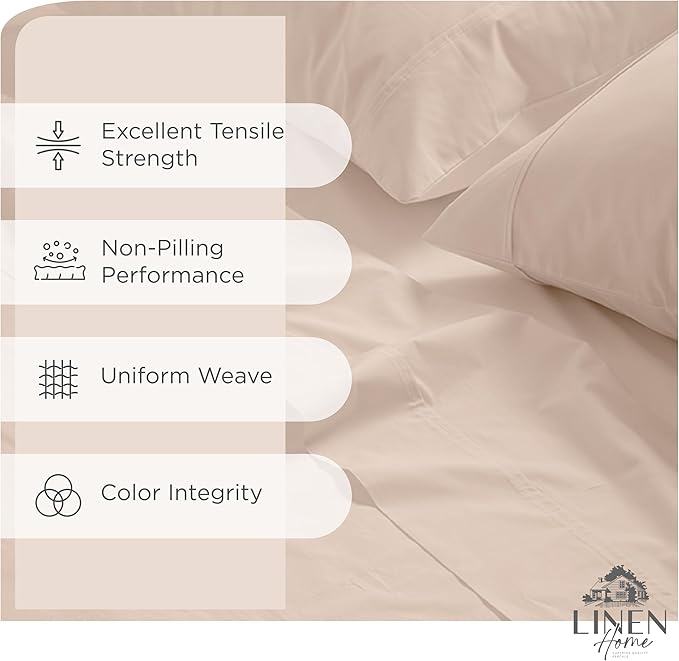 Linen Home 100% Cotton Percale Sheets King Size, Sand Shell, Deep Pocket, 4 Pieces Set - 1 Flat, 1 Deep Pocket Fitted Sheet and 2 Pillowcases, Crisp Cool and Strong Bed Linen