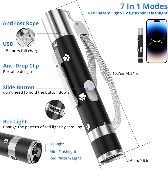 Cat Toys, 2 Pieces, USB Rechargeable Interactive Cat Mouse Toys, 3 Light Modes & 5 Adjustable Patterns, Portable Kitten Toy for Indoor Cats & Dogs, Training & Exercise Fun-Mewly Pet