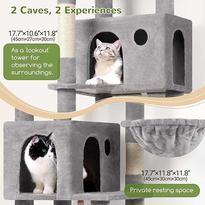 Globlazer Cat Tree, 70 inch Tall Scratching Tower Multi-Level Cat Condo for Indoor Multiple Cats with 2 Large Cat Caves, Top Perch, Large Platform, Bottom Swing, F70B, Light Grey-Mewly Pet