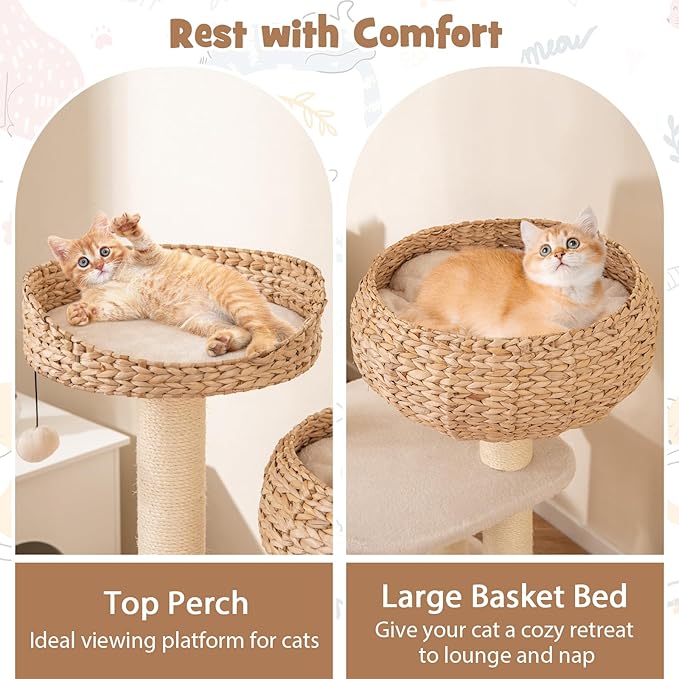 Tangkula Modern Cat Tree, Tall Cat Tower with Natural Sisal Scratching Post, Hand-Made Wicker Cat Condo & Top Perch, Funny Hanging Toy Ball, Cute Cat Tree Tower for Indoor Cats-Mewly Pet