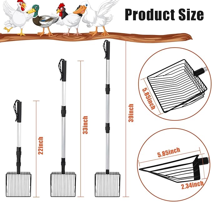 Esmorah Chicken Poop Scooper for Sand & Coop Cleaning - Sifting Shovel with 22"-40" Adjustable Handle, 3 Lengths Heavy Duty Stainless Steel Sifter-Mewly Pet