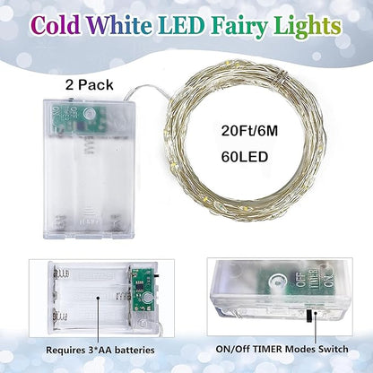 2 Pack 60 LED Christmas Fairy Lights Battery Operated with Timer, 20FT Waterproof Twinkle Lights Indoor Outdoor, String Lights for Bedroom, Wedding, DIY, Centerpiece, Christmas Decorations(Cool White)
