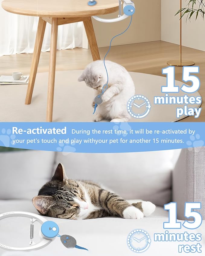 Cat Toy Interactive for Indoor Cats, Smart USB Rechargeable Door Hanging Automatic Retractable Kitten Toys, Teaser Electronic Self Play Feather Cat String Toy Attached with 3 Catnip Mice White-Mewly Pet