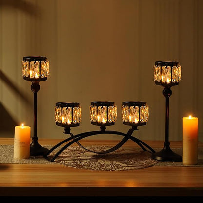 Black Set of 3 Crystal Candle Holders Arched - Elegant Tabletop Candelabra Centerpiece for Weddings, Dining Room Decor, Modern Home & Cabinet Display Housewarming