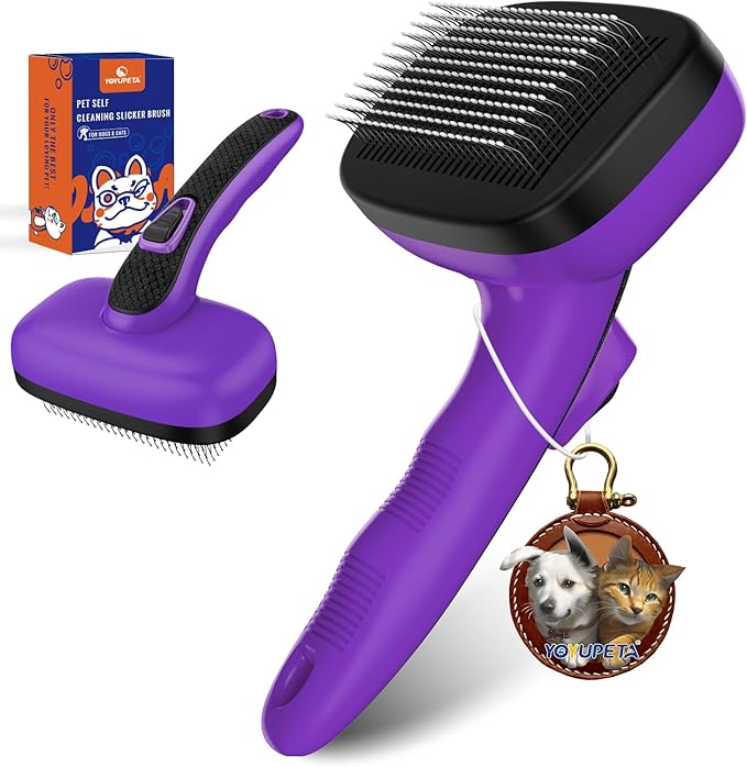 Dog Self Cleaning Slicker Brush for Shedding, Ideal for Short Long Haired Dogs, Including Cat. Removes Loose Fur, Undercoat, Mats, Tangled Hair. Suit for Large Medium Small Animal, Purple-Mewly Pet