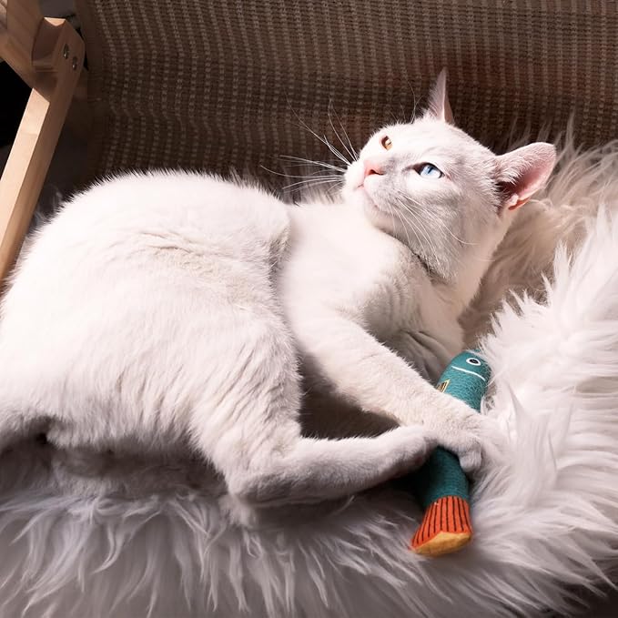 Cat Toys for Indoor Cats, 3 Catnip Fish Kicker with Little Bell Sound and Bonus Rope Toy, Soft and Durable Interactive Cat Fish for Kitten Exercise, Teething, and Play-Mewly Pet