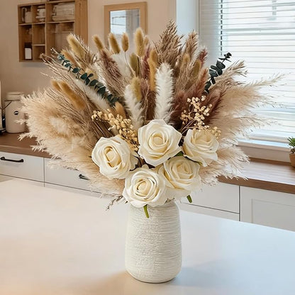 100pcs Artificial Flowers Arrangement With Vase, Fake Flowers Silk Roses in Vase, Coffee Table Decorations,Boho Dried Pampas Grass, Dining Table Decor, Floral Centerpieces for Tables, Centro de Mesa