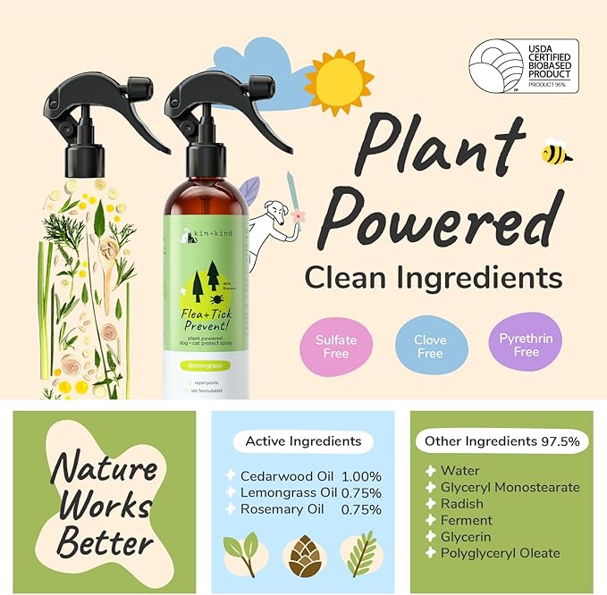 kin+kind Plant-Based Flea & Tick Spray for Dogs and Cats with Lemongrass - Essential for Flea & Tick Treatment - Flea Spray for Dogs and Cats - Pet Supplies 12 fl oz-Mewly Pet